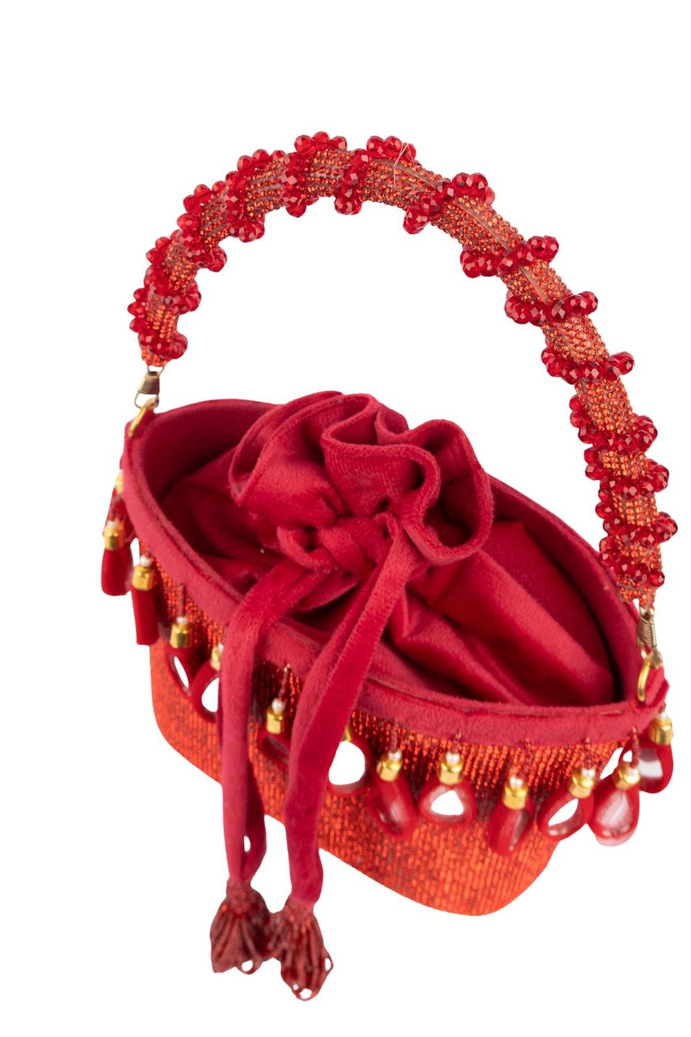 Red crystal potli bag with drawstring tassels for wedding and party wear