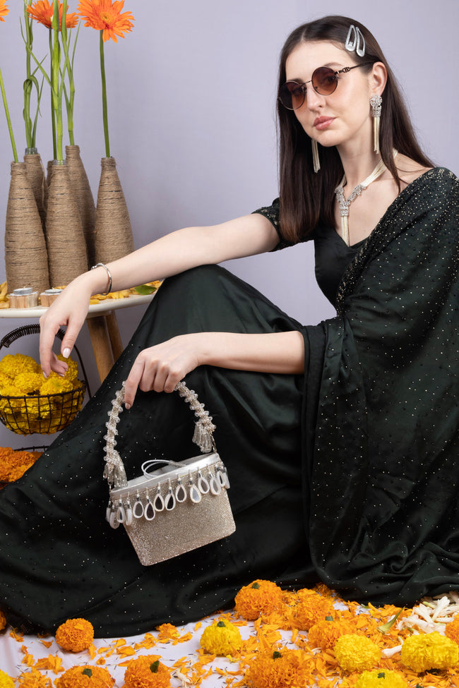 Eeth Silver Crystal Potli Bag with Drawstring Tassels Main Image