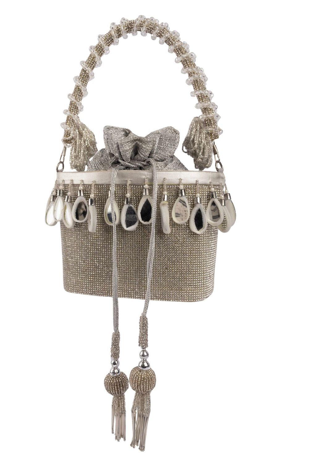 Silver crystal potli bag with drawstring tassels for wedding and party wear