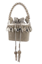 Silver crystal potli bag with drawstring tassels for wedding and party wear