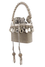 Silver crystal potli bag with drawstring tassels for wedding and party wear