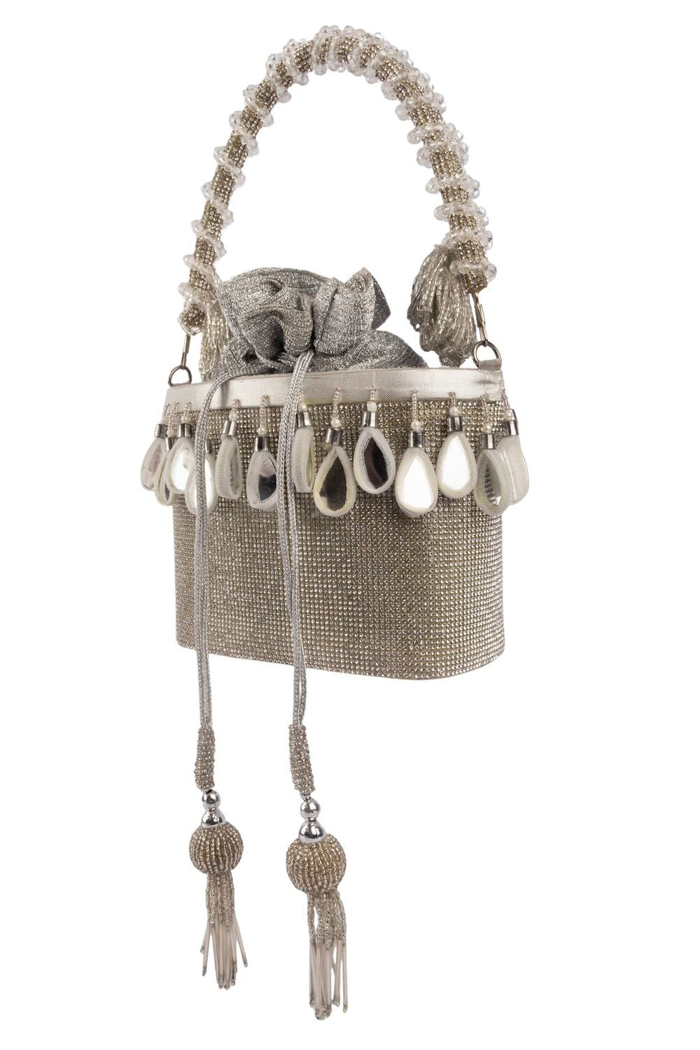 Silver crystal potli bag with drawstring tassels for wedding and party wear