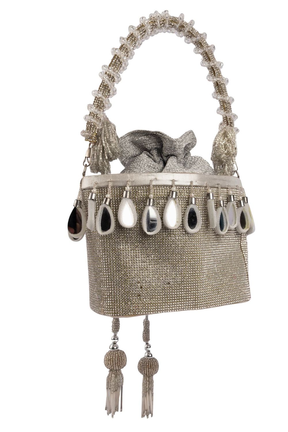 Silver crystal potli bag with drawstring tassels for wedding and party wear