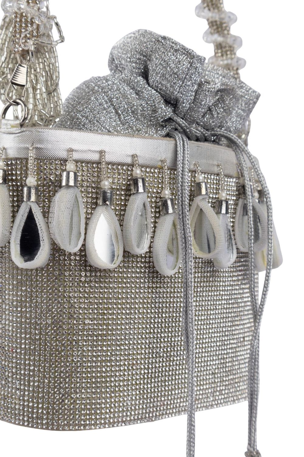 Silver crystal potli bag with drawstring tassels for wedding and party wear