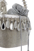 Silver crystal potli bag with drawstring tassels for wedding and party wear