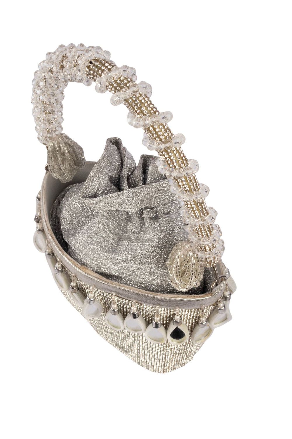 Silver crystal potli bag with drawstring tassels for wedding and party wear