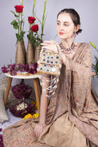 Gold clutch bag with mirror work, stone and pearl embellishments for wedding and festive occasions