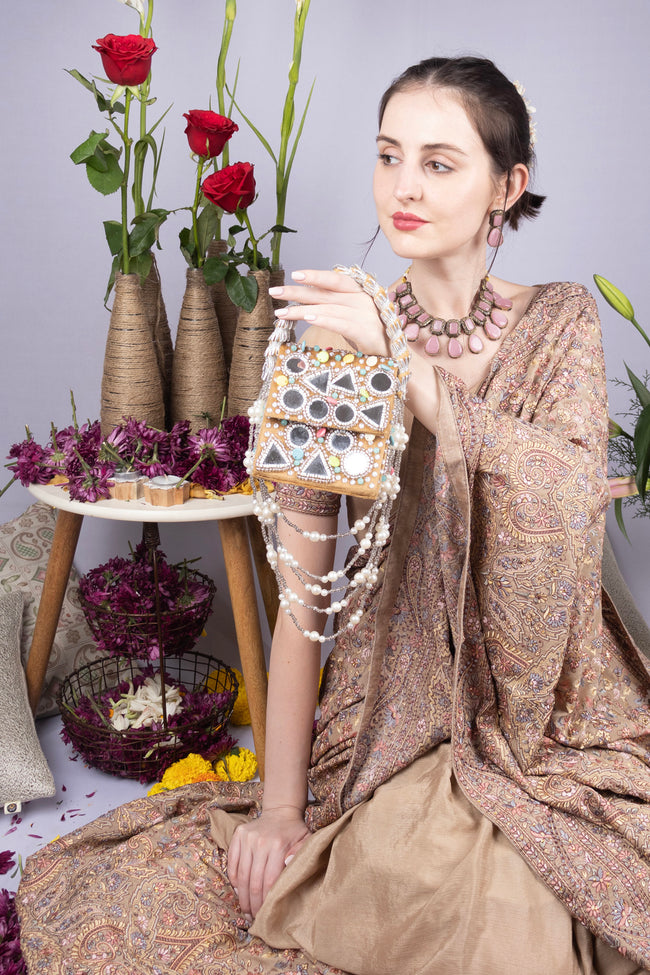 Eeth Gold Mirror Beadwork Structured Clutch Bag Main Image