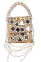 Gold clutch bag with mirror work, stone and pearl embellishments for wedding and festive occasions