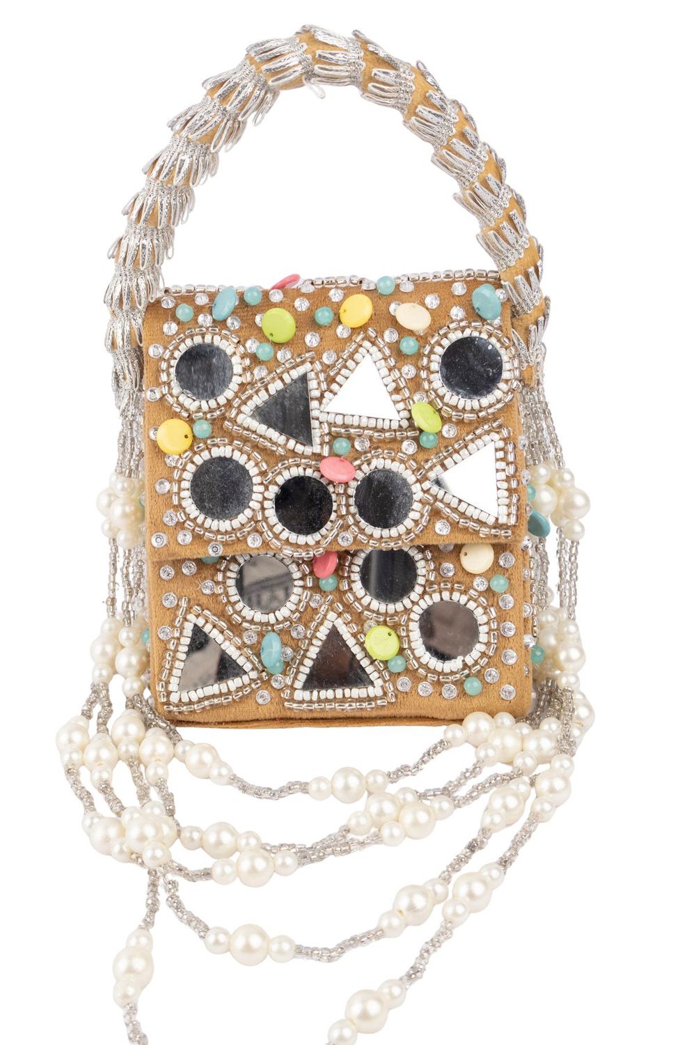 Gold clutch bag with mirror work, stone and pearl embellishments for wedding and festive occasions