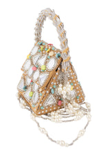 Gold clutch bag with mirror work, stone and pearl embellishments for wedding and festive occasions