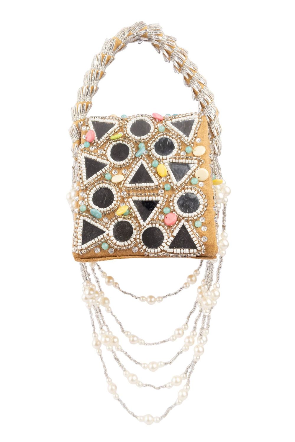 Gold clutch bag with mirror work, stone and pearl embellishments for wedding and festive occasions