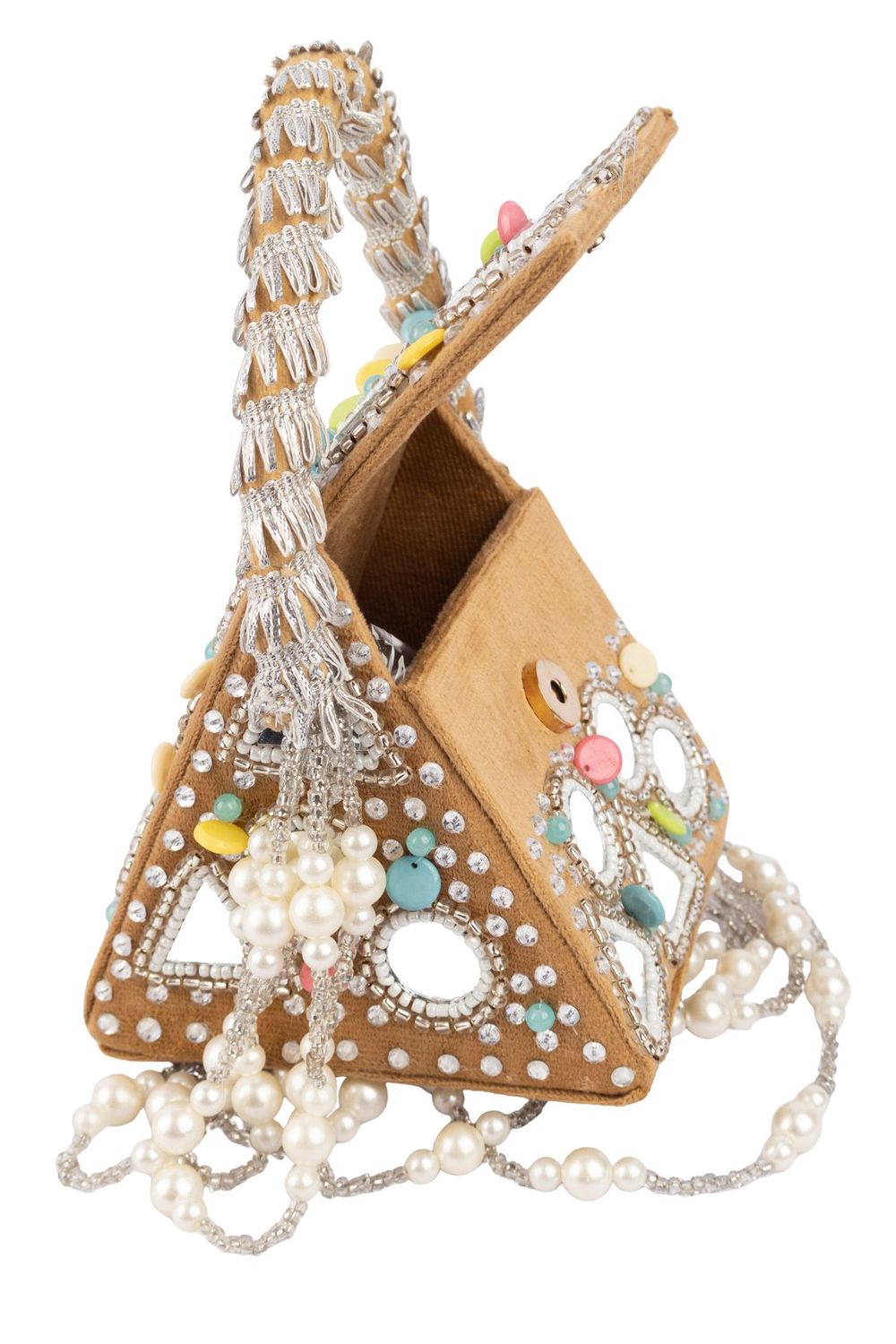 Gold clutch bag with mirror work, stone and pearl embellishments for wedding and festive occasions