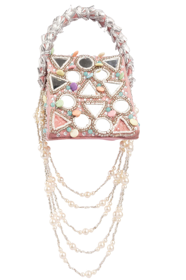 Eeth Pink Mirror Beadwork Structured Clutch Bag Main Image
