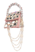Pink handcrafted mirror work clutch bag with bead stone pearl embellishments structured handle suede lining festive wedding ethnic wear