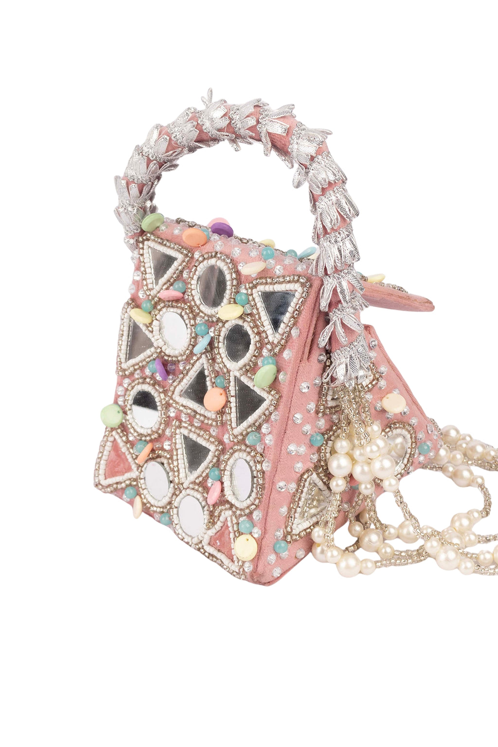 Pink handcrafted mirror work clutch bag with bead stone pearl embellishments structured handle suede lining festive wedding ethnic wear