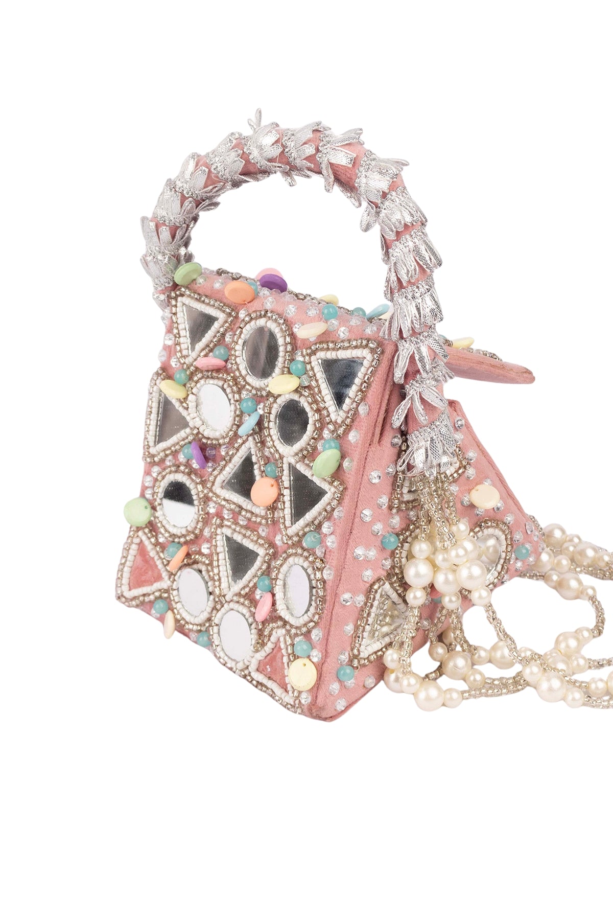 Pink handcrafted mirror work clutch bag with bead stone pearl embellishments structured handle suede lining festive wedding ethnic wear
