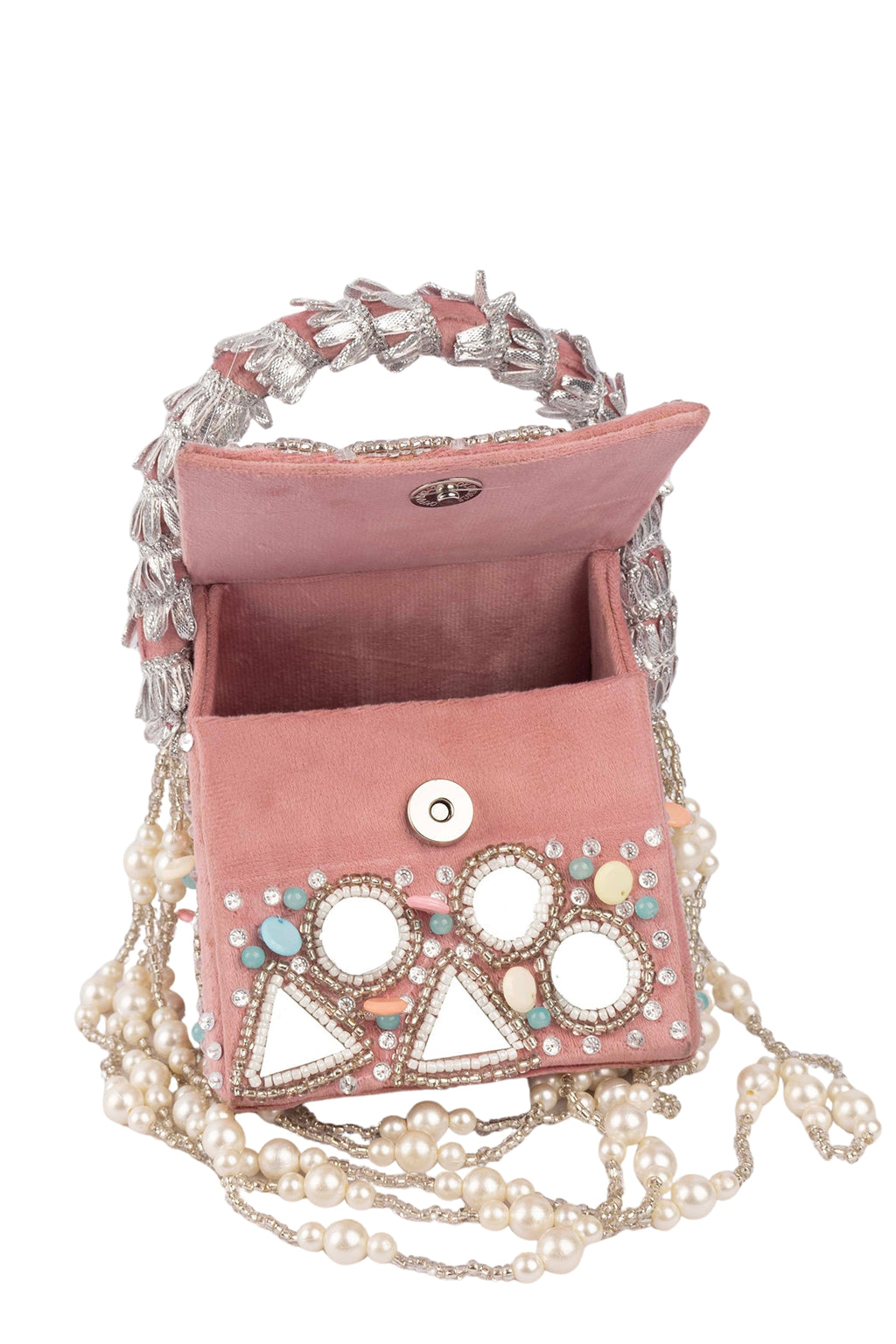 Pink handcrafted mirror work clutch bag with bead stone pearl embellishments structured handle suede lining festive wedding ethnic wear