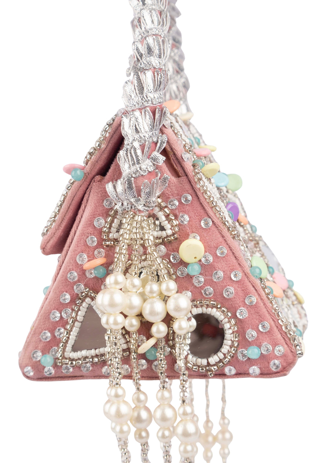 Pink handcrafted mirror work clutch bag with bead stone pearl embellishments structured handle suede lining festive wedding ethnic wear