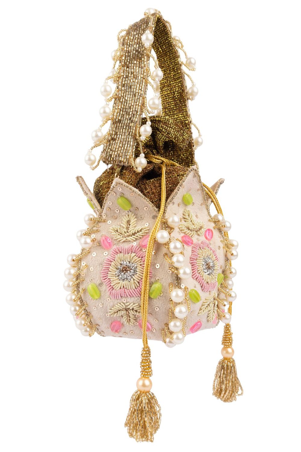 Ivory lotus shape pearl zardosi suede potli bag for wedding and festive wear