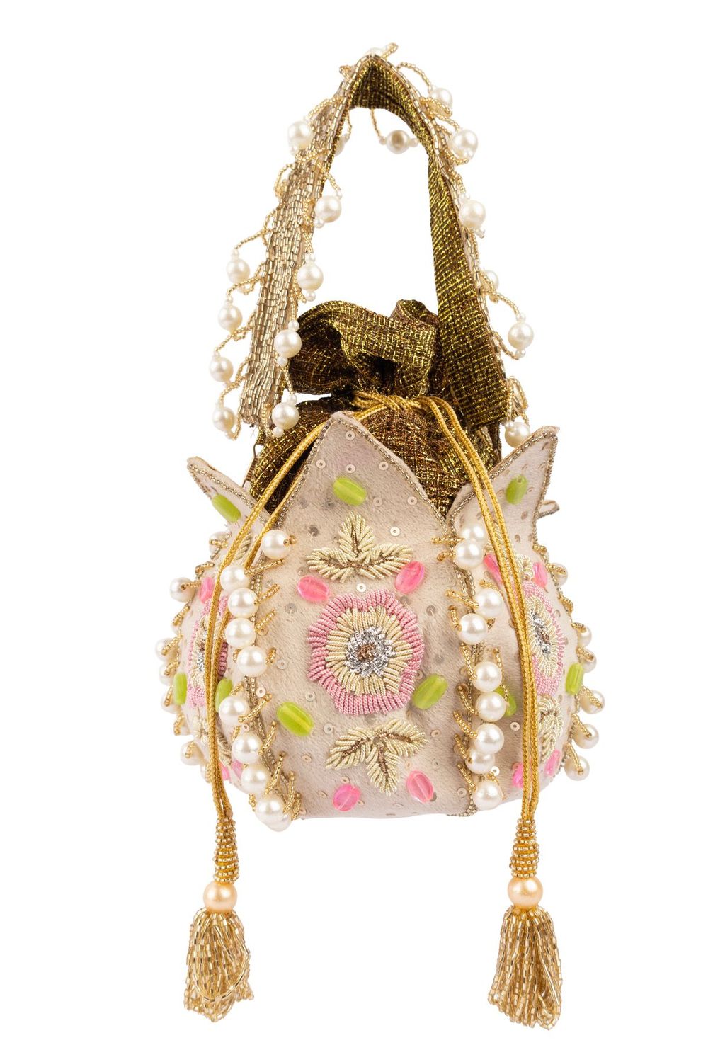 Ivory lotus shape pearl zardosi suede potli bag for wedding and festive wear