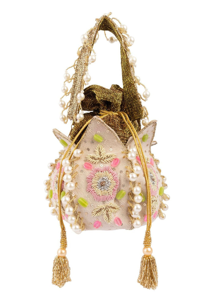 Ivory lotus shape pearl zardosi suede potli bag for wedding and festive wear Hover Image