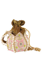 Ivory lotus shape pearl zardosi suede potli bag for wedding and festive wear