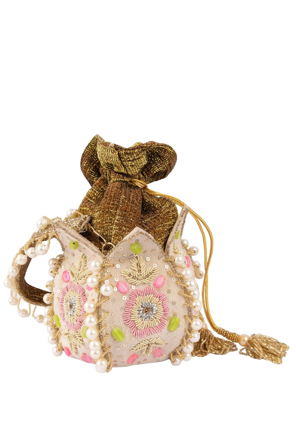 Ivory lotus shape pearl zardosi suede potli bag for wedding and festive wear