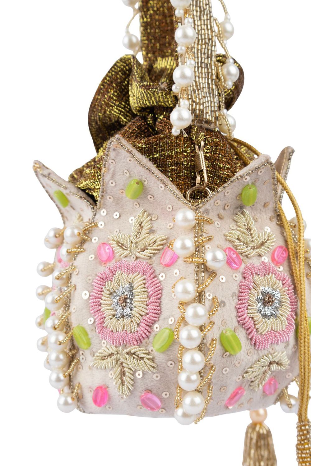 Ivory lotus shape pearl zardosi suede potli bag for wedding and festive wear