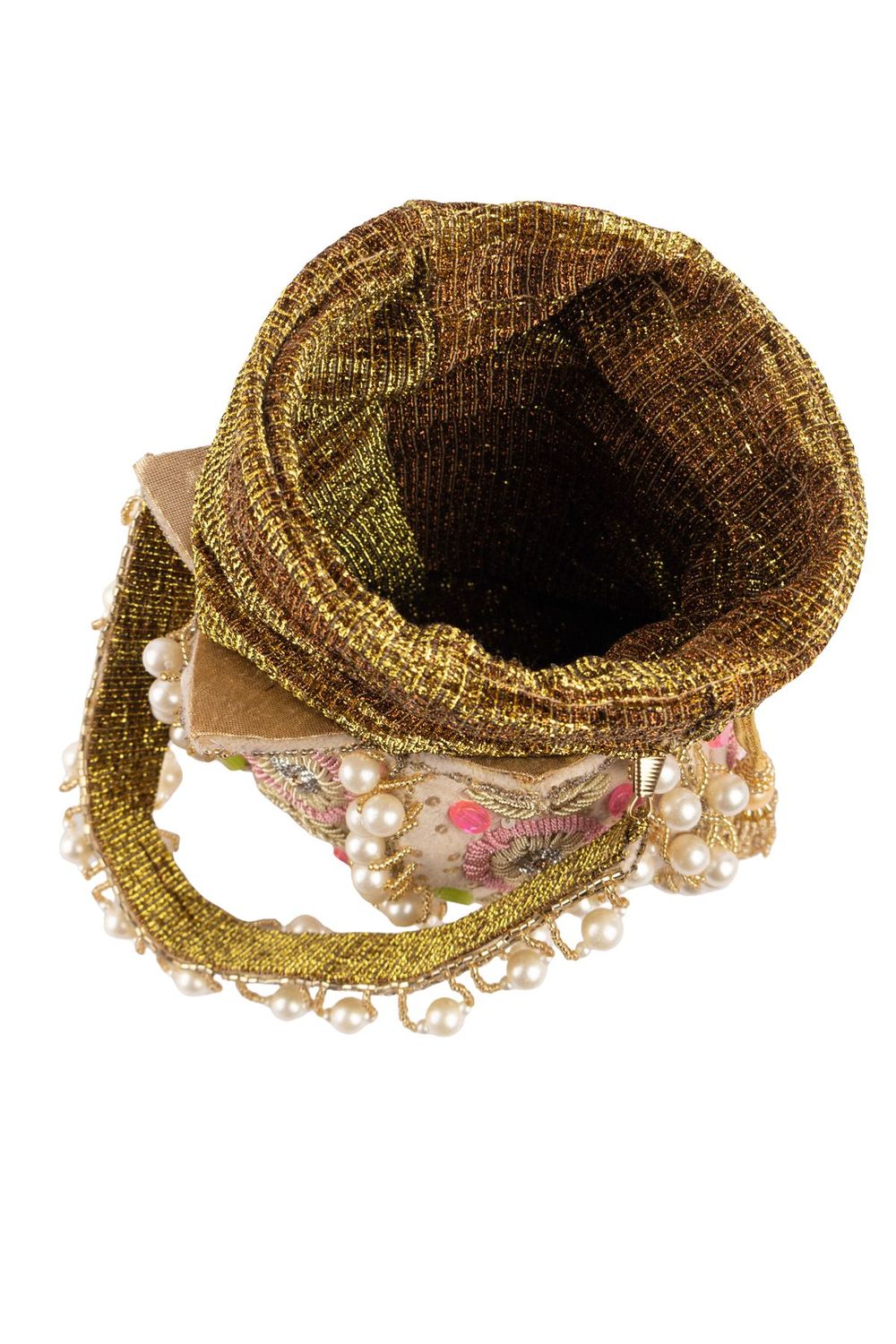 Ivory lotus shape pearl zardosi suede potli bag for wedding and festive wear