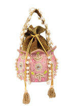Blush pink lotus shape pearl zardosi suede potli bag for wedding and festive wear