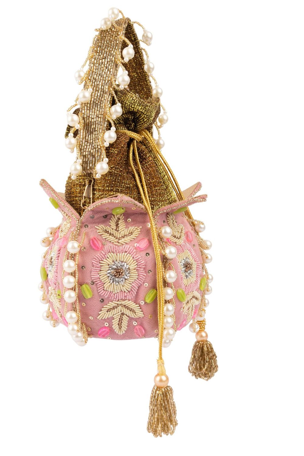 Blush pink lotus shape pearl zardosi suede potli bag for wedding and festive wear