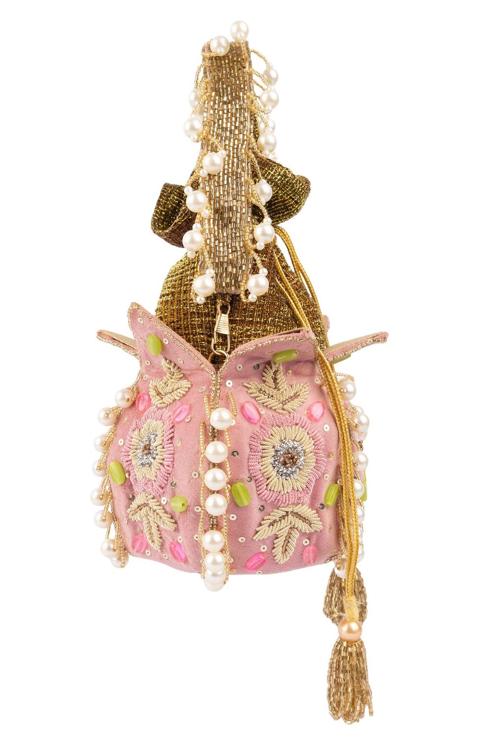 Blush pink lotus shape pearl zardosi suede potli bag for wedding and festive wear