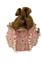 Blush pink lotus shape pearl zardosi suede potli bag for wedding and festive wear