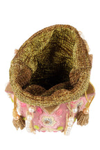 Blush pink lotus shape pearl zardosi suede potli bag for wedding and festive wear