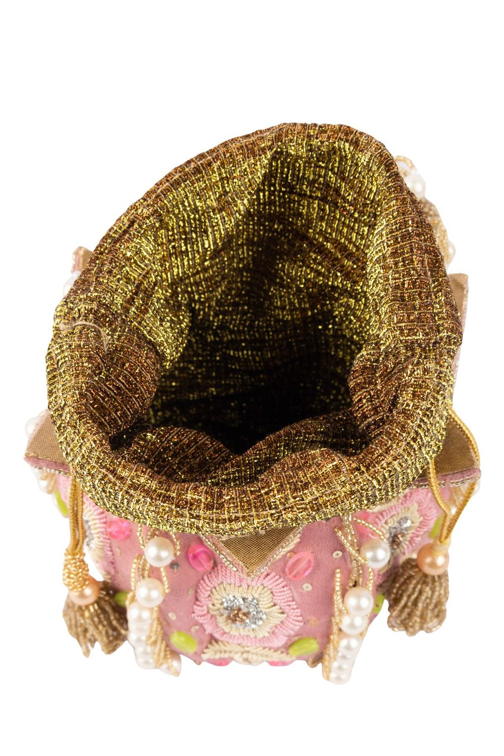 Blush pink lotus shape pearl zardosi suede potli bag for wedding and festive wear