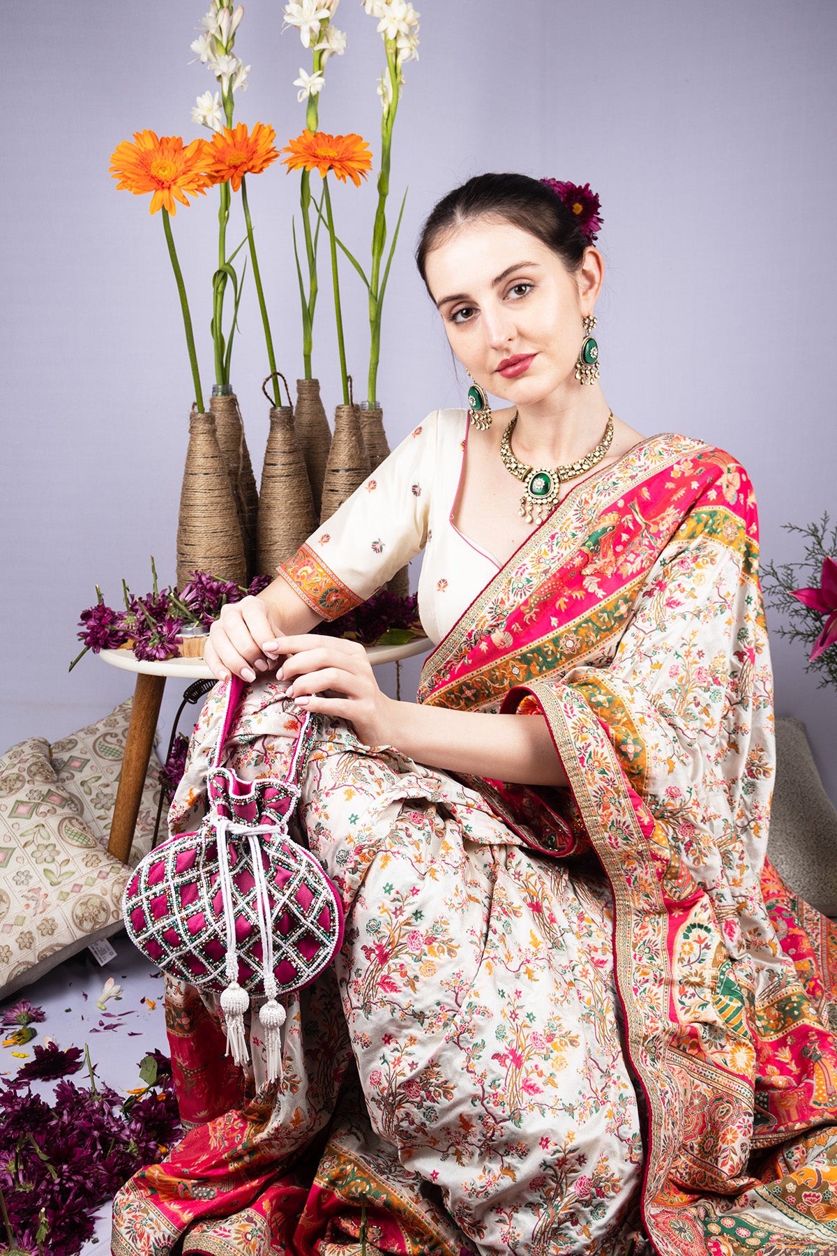 Rani pink suede potli bag with intricate beadwork drawstring closure lightweight festive wedding ethnic accessory