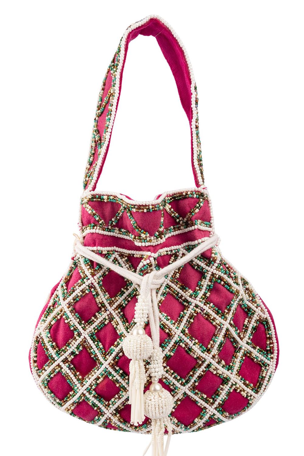 Rani pink suede potli bag with intricate beadwork drawstring closure lightweight festive wedding ethnic accessory