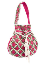 Rani pink suede potli bag with intricate beadwork drawstring closure lightweight festive wedding ethnic accessory