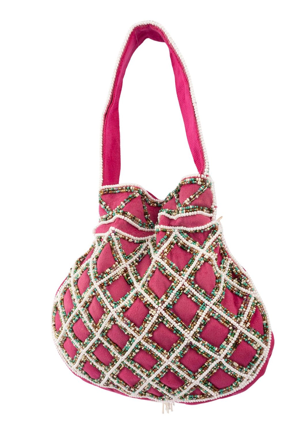 Rani pink suede potli bag with intricate beadwork drawstring closure lightweight festive wedding ethnic accessory