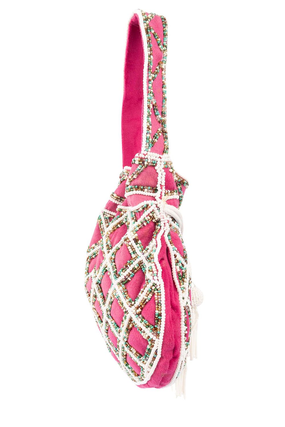 Rani pink suede potli bag with intricate beadwork drawstring closure lightweight festive wedding ethnic accessory