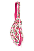 Rani pink suede potli bag with intricate beadwork drawstring closure lightweight festive wedding ethnic accessory