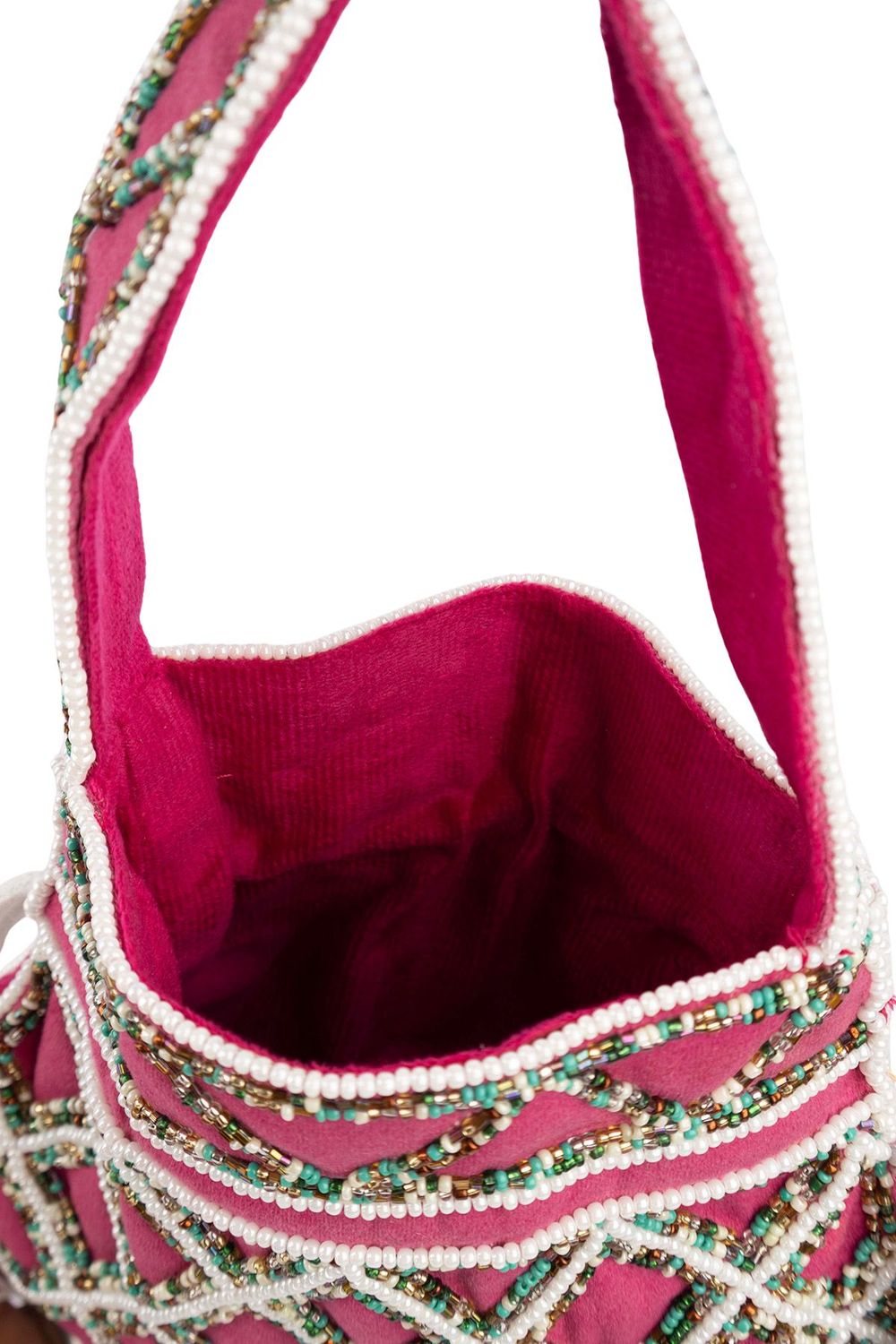 Rani pink suede potli bag with intricate beadwork drawstring closure lightweight festive wedding ethnic accessory
