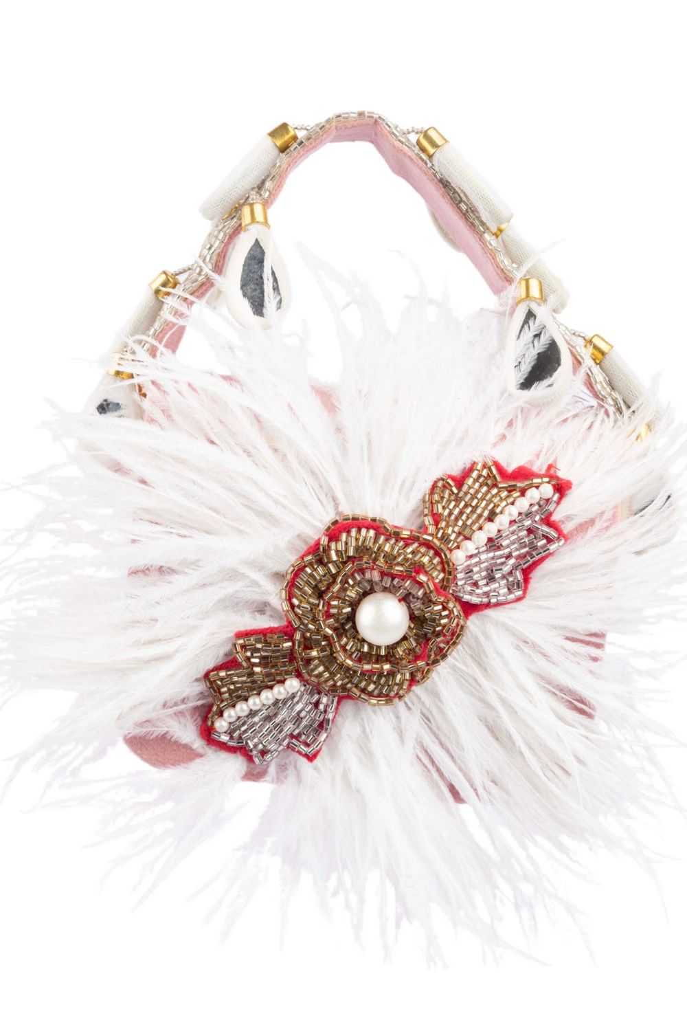 Blush pink feather mini bag with pearl bead embroidery floral motif suede lining and decorative handle for party and wedding wear