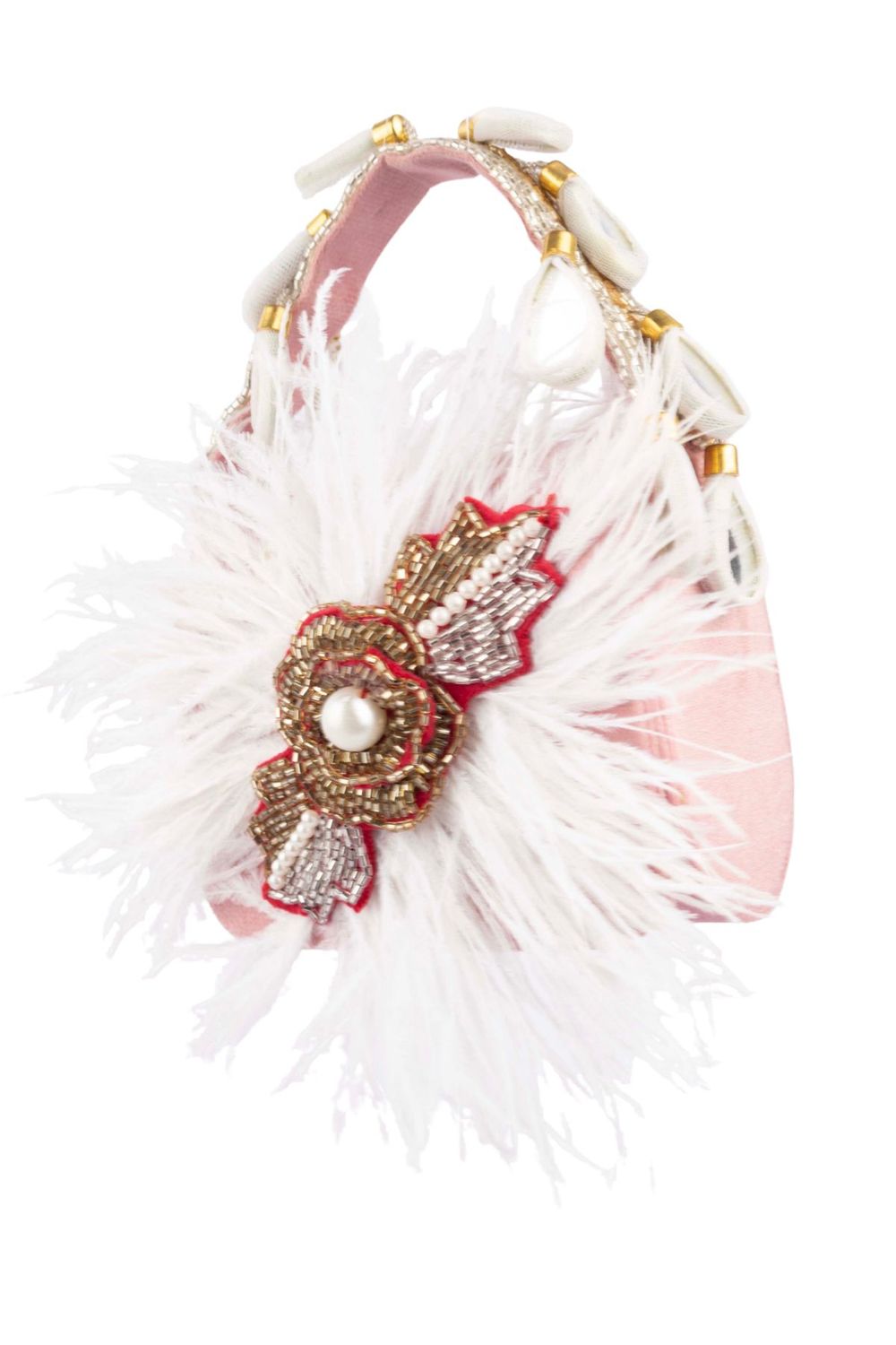 Blush pink feather mini bag with pearl bead embroidery floral motif suede lining and decorative handle for party and wedding wear