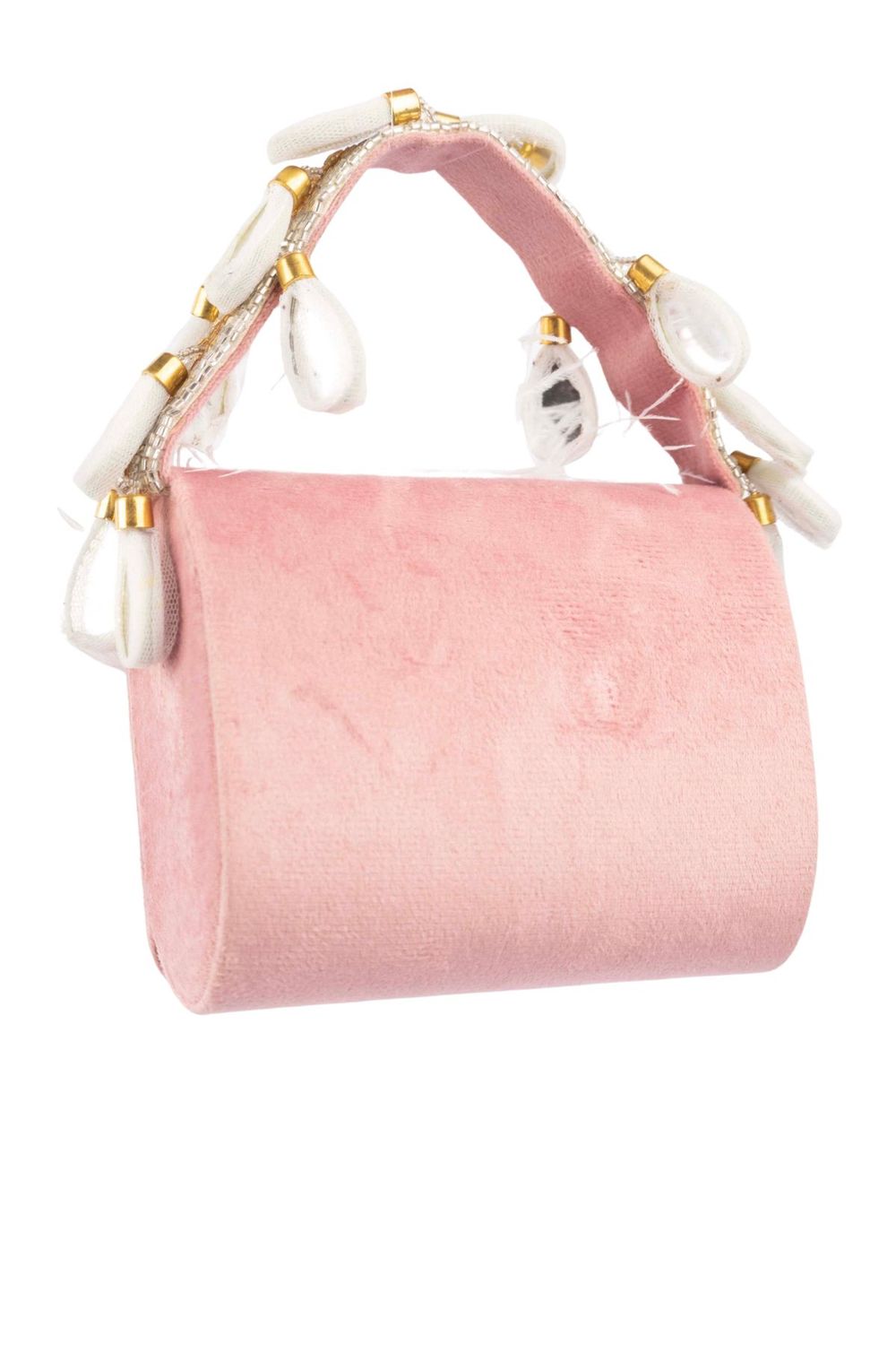 Blush pink feather mini bag with pearl bead embroidery floral motif suede lining and decorative handle for party and wedding wear