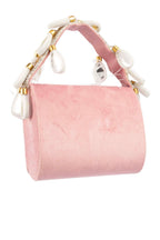 Blush pink feather mini bag with pearl bead embroidery floral motif suede lining and decorative handle for party and wedding wear