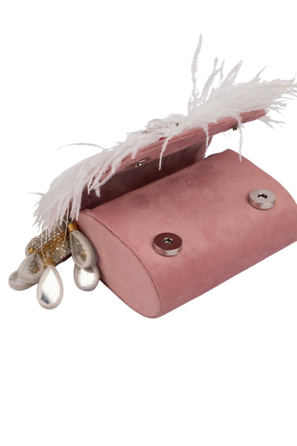 Blush pink feather mini bag with pearl bead embroidery floral motif suede lining and decorative handle for party and wedding wear