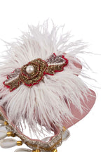 Blush pink feather mini bag with pearl bead embroidery floral motif suede lining and decorative handle for party and wedding wear