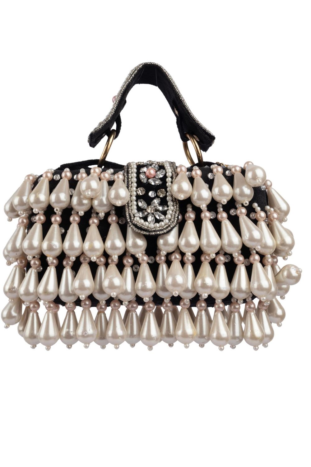 Pearl handcrafted clutch bag with traditional detailing short handle and detachable shoulder chain for wedding and festive wear